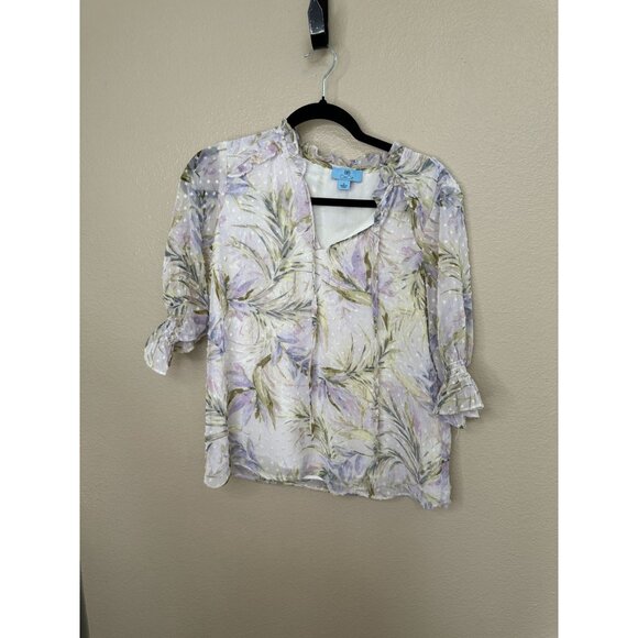Cece womens White Purple Blouse S 3/4 sleeve textured polyester v-neck‎ sheer - Picture 1 of 8